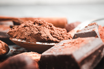 Brown cocoa powder in the spoon, chocolates and nuts, close-up view, selective focus
