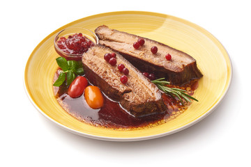 Juicy Venison meat in lingonberry marinade, scandinavian cuisine, isolated on white background