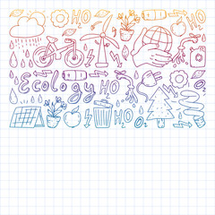 Vector pattern with kindergarten, toy children. Happy children illustration. Gradient drawing on a notebook in a Squared notebook.