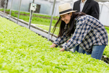 Close up Asian farmer woman checking quality of hydroponic vegetable greenhouse farm