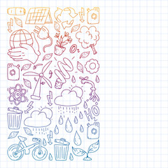 Vector pattern with kindergarten, toy children. Happy children illustration. Gradient drawing on a notebook in a Squared notebook.