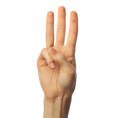 Finger spelling letter W in American Sign Language on white background