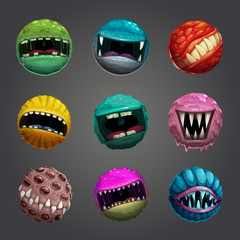 Enemy bubble concept. Crazy cartoon colorful balls with creepy mouths. © lilu330