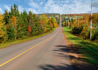 Asphalt road running through the countryside during the fall in Prince Edward Island, Canada.