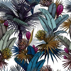 Fototapety  Wzór z kolorowych egzotycznych kwiatów i liści tropikalnych palm. Ręcznie rysowane ilustracji wektorowych.