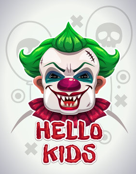 Scary bad clown face. Creepy circus illustration for t-shirt design.
