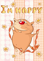 Happy Birthday Card Cute Cartoon Character Cat . Vector Greeting Card. Happy Moment. Congratulation