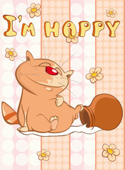 Happy Birthday Card Cute Cartoon Character Cat . Vector Greeting Card. Happy Moment. Congratulation