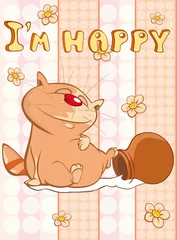 Deurstickers Happy Birthday Card Cute Cartoon Character Cat . Vector Greeting Card. Happy Moment. Congratulation © liusa