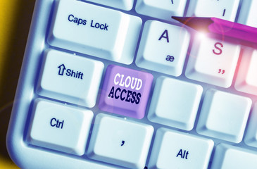 Writing note showing Cloud Access. Business concept for Software tool between the organization and the provider White pc keyboard with note paper above the white background