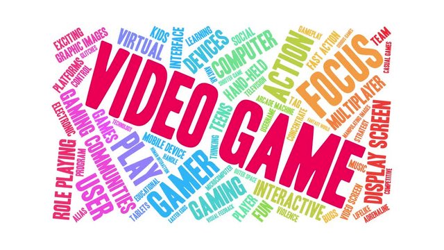 Video Game animated word cloud on a white background. 