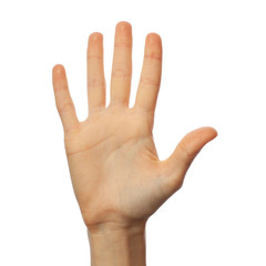 Finger spelling number 5 in American Sign Language on white background