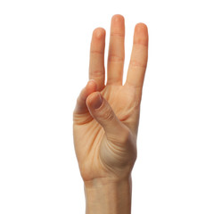 Finger spelling number 6 in American Sign Language on white background