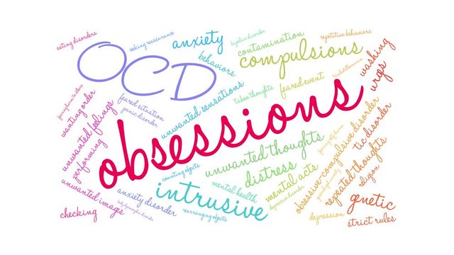 Obsessions OCD animated word cloud on a white background. 