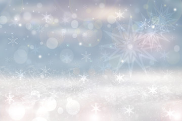 Christmas card template. Abstract festive natural light blue white winter christmas landscape background texture with blue sky and bokeh lighted snowflakes and stars. Card design.