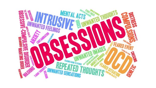 Obsessions with OCD animated word cloud on a white background. 