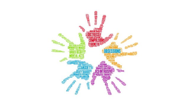 Obsessions with OCD animated word cloud on a white background. 