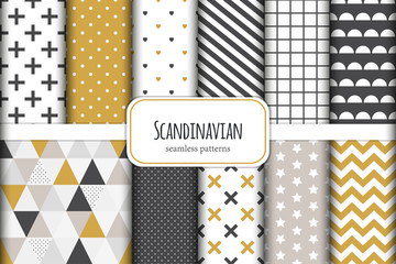 Cute set of Scandinavian geometric seamless patterns in neutral palette colors, vector illustration © C Design Studio