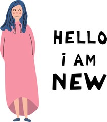 Hello I am new. Inscription. The concept of the new employee in collective at work. White woman, flat illustration