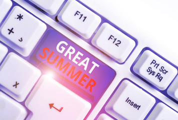 Writing note showing Great Summer. Business concept for Having Fun Good Sunshine Going to the beach Enjoying outdoor White pc keyboard with note paper above the white background