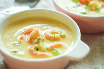 creamy soup of shrimp. selective focus.