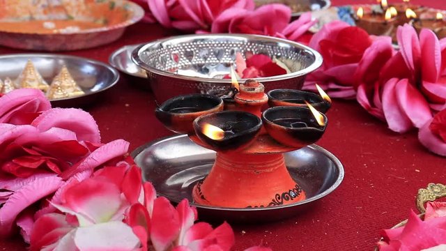 Traditional south indian ceramic oil lamp 'Nilavilakku' on wedding ceremony, Nilavilakku is lighted before starting the rituals