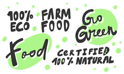 Green eco eat vegan organic bio sticker collection for social media content. Vector hand drawn illustration design. 