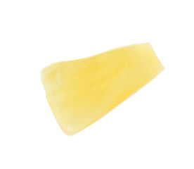 Piece of delicious sweet canned pineapple on white background, top view