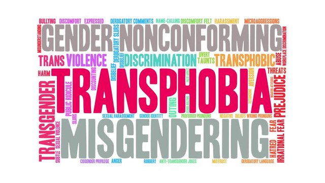Transphobia animated word cloud on a white background. 