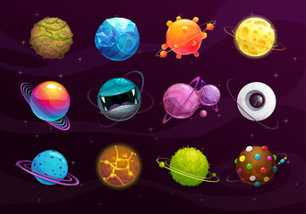 Funny galaxy concept. Cartoon colorful fantasy alien planets set. © lilu330