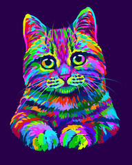 Cat. Hand-drawn, abstract, multicolored portrait of a cat looking forward on a purple background in the style of pop art.