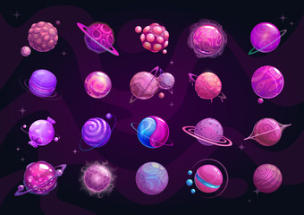 Cartoon purple planets set. Funny fantasy planet on cosmic background. © lilu330