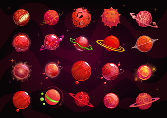 Cartoon red planets set. Funny fantasy planet on cosmic background. © lilu330