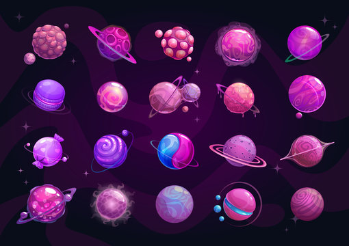 Cartoon purple planets set. Funny fantasy planet on cosmic background.