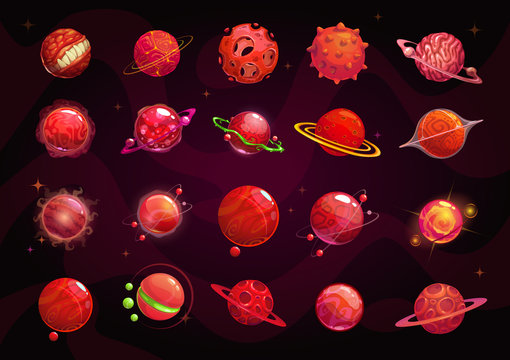 Cartoon red planets set. Funny fantasy planet on cosmic background.