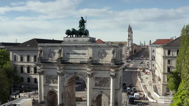 Aerial of the Siegestor in Munich between Ludwigstrasse and Leopoldstrasse