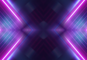 Obraz premium Dark abstract futuristic background. Neon lines glow. Neon lines, shapes. Multi-colored glow, blurry lights, bokeh. Empty stage background