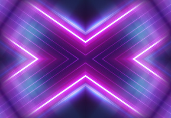 Dark abstract futuristic background. Neon lines glow. Neon lines, shapes. Multi-colored glow,...
