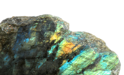 Beautiful labradorite gemstone on white background, closeup