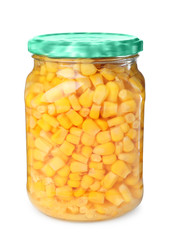 Glass jar with pickled corn isolated on white