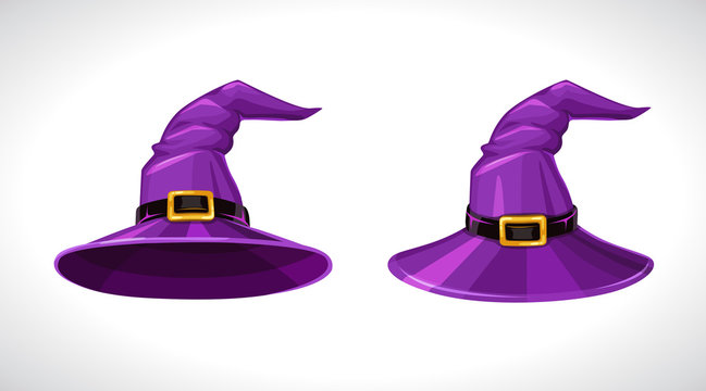 Cartoon purple witch hats, above and bottom view. Wizard hat icons.