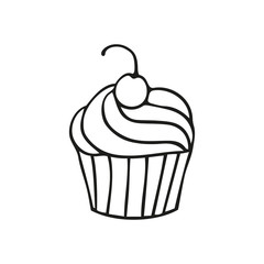 Single hand-drawn cupcake with cherry. In doodle style, black outline isolated on a white background. For banners, cards, stickers, coloring books, design, business. Vector illustration