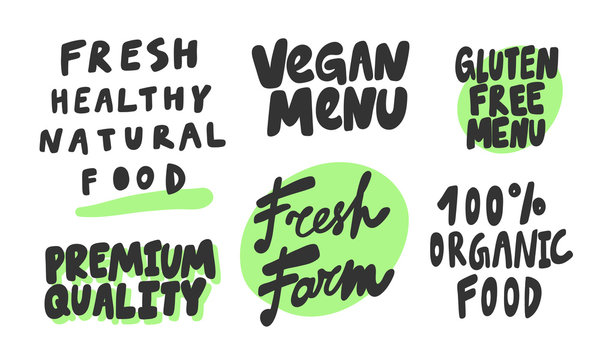 Green eco eat vegan organic bio sticker collection for social media content. Vector hand drawn illustration design. 