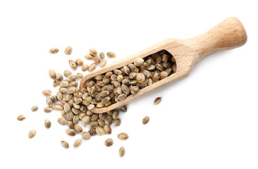 Wooden scoop with hemp seeds on white background, top view