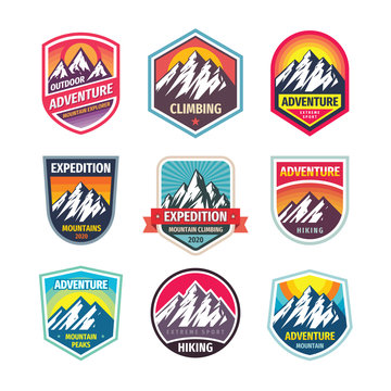 Mountain climbing - design logo badge set. Adventure outdoor creative vintage emblem collection. Vector illustration. 