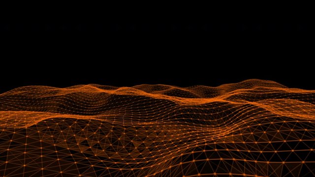 Futuristic flying over 3D plexus orange waving terrain abstract technology background -  moving dots and lines network connection structure in black space background