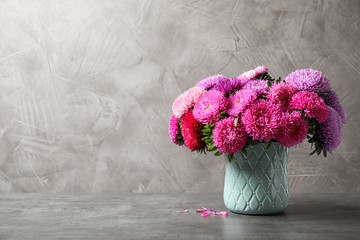Vase with beautiful aster flowers on grey table against beige background. Space for text