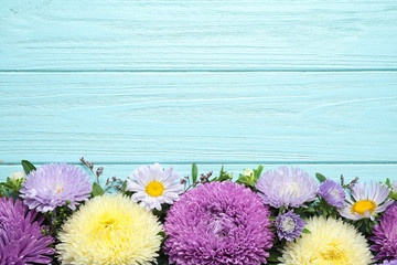 Flat lay composition with beautiful aster flowers on light blue wooden table. Space for text