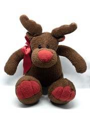  Toy plush Santa deer brown on white background.