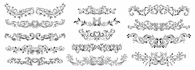 Obraz premium wreath design ornaments with flowers and hearts vectors. Branches with Ornaments vector. Doodle design elements. Decorative swirls dividers